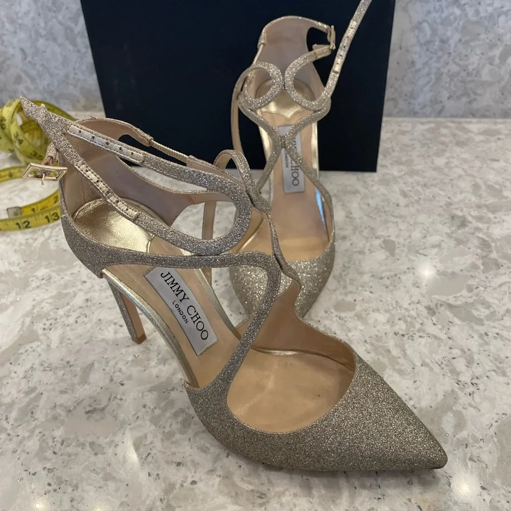 AUTHENTIC Jimmy Choo Platinum Dusty Glitter accent pumps 37.5 - Picture 1 of 6